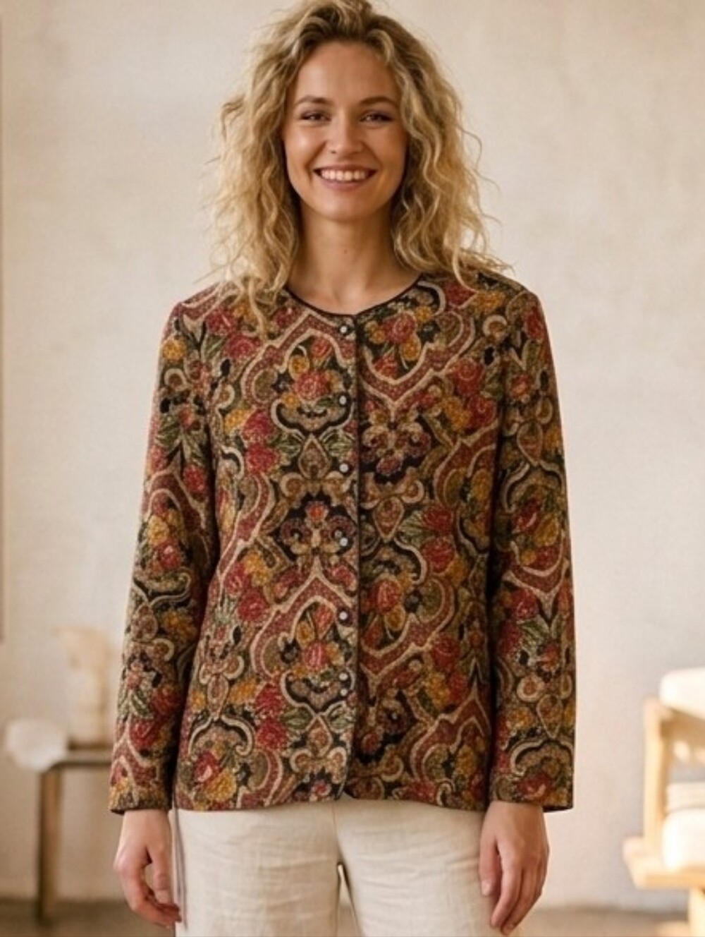 Vintage jacket blazer brown red floral barocco Eastern paisley Large A9